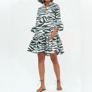 Oliphant Bell Sleeve Tiered Mini Dress in Singita Green Zebra Stripe